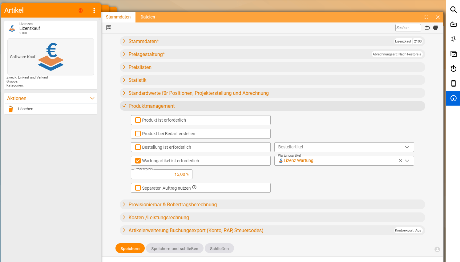 Article detail manager of the purchase licence 'Licence purchase' with the expanded 'Product management' accordion: active toggle 'Maintenance article is required', the 'Maintenance article' selection field with 'Licence maintenance' and 'Percentage price' 15.00%.