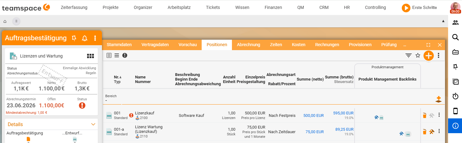 Items tab with the purchase licence '001 Licence purchase' and directly below it the new maintenance item '001-a Licence maintenance (Licence purchase)', billing type 'By duration'.
