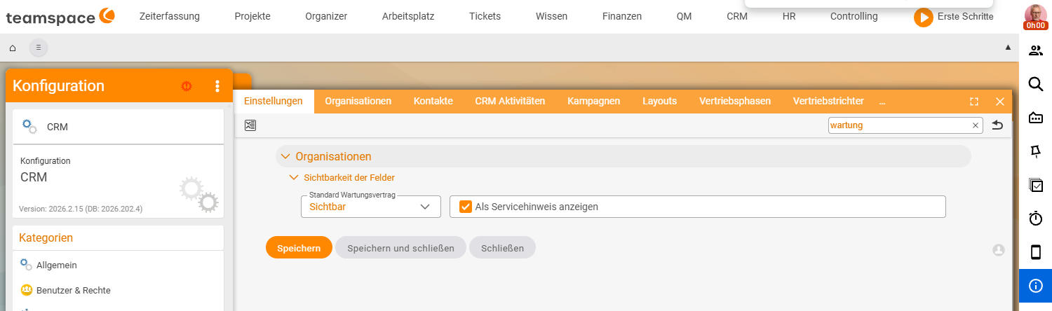 CRM configuration → Settings → Organisations → Field visibility: the 'Standard maintenance contract' field set to 'Visible', with the enabled 'Show as service note' checkbox beside it.
