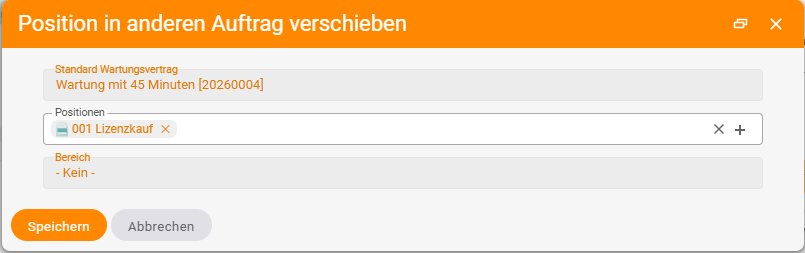 'Move item to another order' dialog: at the top the pre-filled 'Standard maintenance contract' field with 'Maintenance with 45 minutes [20260004]', below it the Items field with '001 Licence purchase' and Area '- None -'.