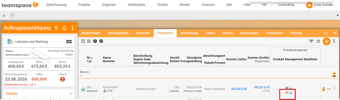 Items tab of the source order: on the item '001 Licence purchase' the link/reference icon in the Product management column is highlighted, marking the item as a reference moved to another order.