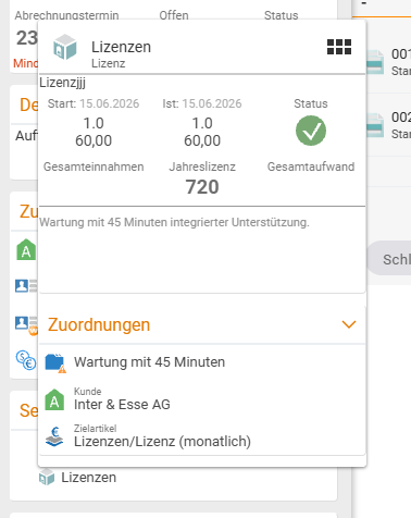 Mouse-over popup on the product icon: product 'Licences', start and actual date, size, annual licence, green status, total effort and the assignments (maintenance, customer, target article).