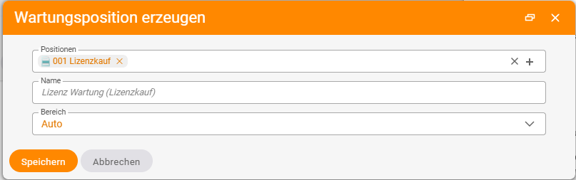 'Create maintenance item' dialog: Items field with '001 Licence purchase', pre-filled name 'Licence maintenance (Licence purchase)' and the Area choice 'Auto'.