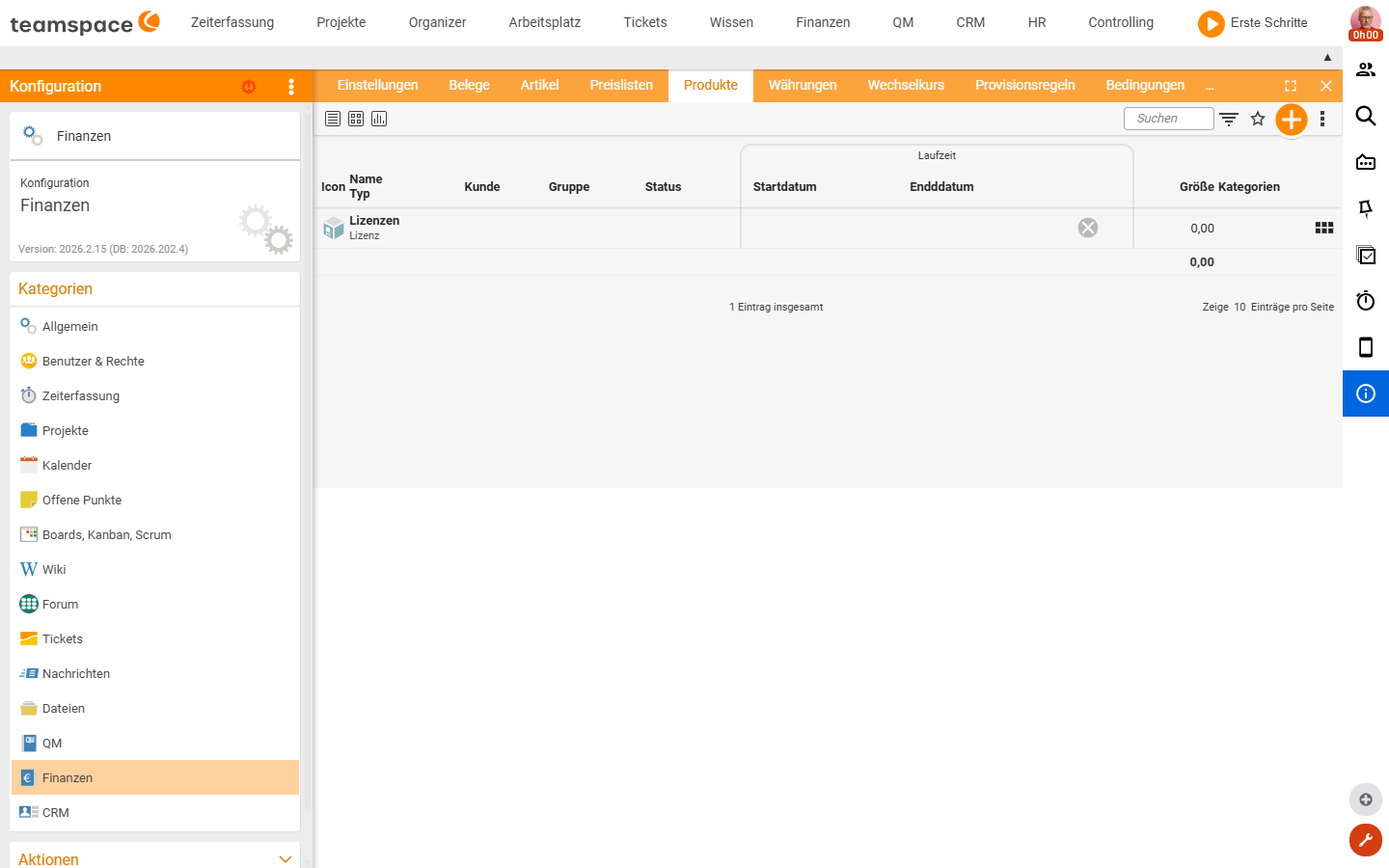 Configuration Finance Products: list of templates with the columns Icon, Name/Type, Customer, Group, Status, Term (Start date/End date), Size, Categories; one Licences template of type Licence