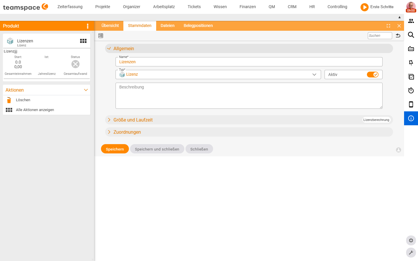 Licences template in the detail manager, Master data tab: the General accordion (Name Licences, Type Licence, Active, Description) and the Size and term and Assignments accordions