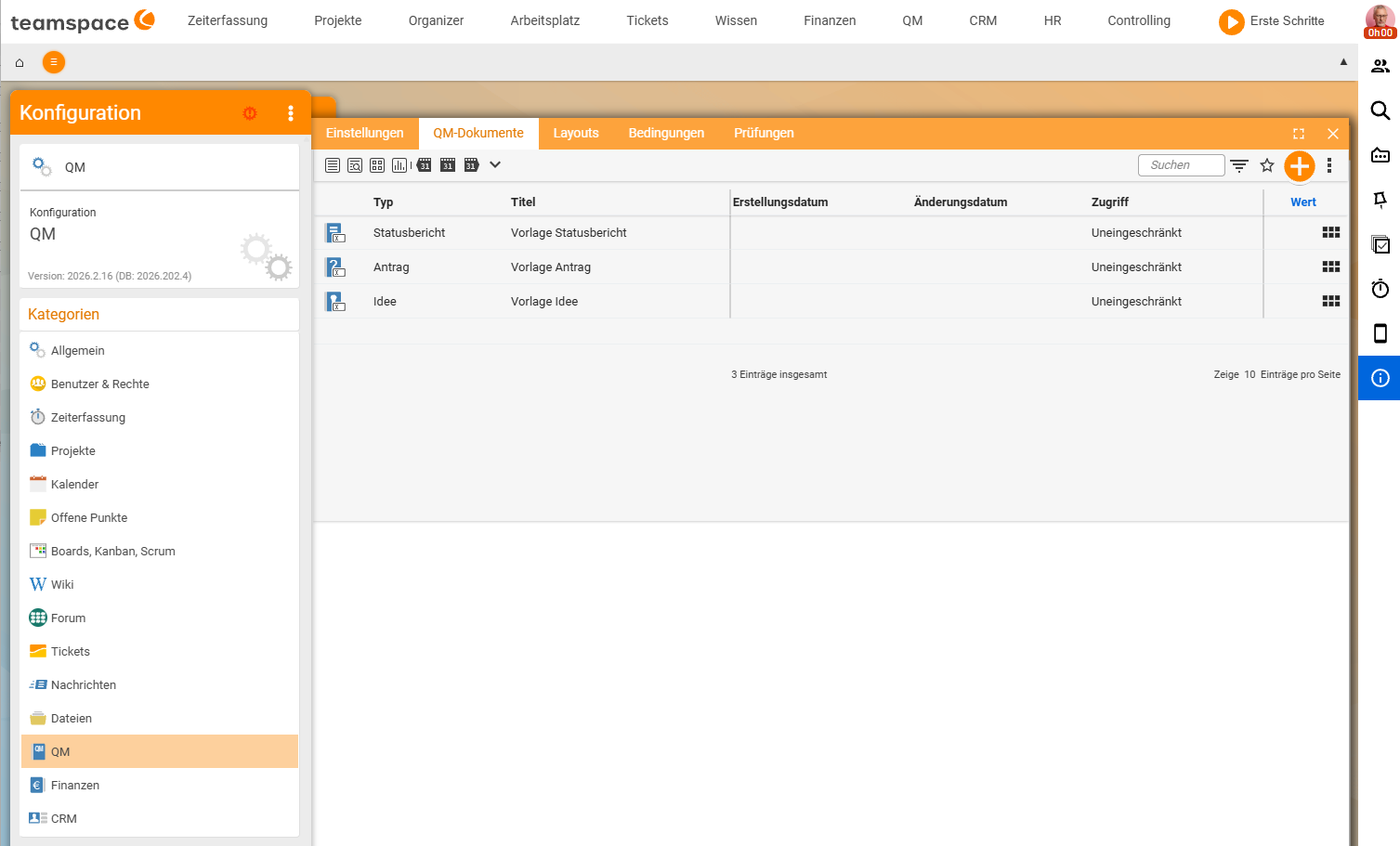 Configuration → QM, tab "QM documents": list of QM templates with the types Status report, Proposal and Idea (each a Status report/Proposal/Idea template), Unrestricted access