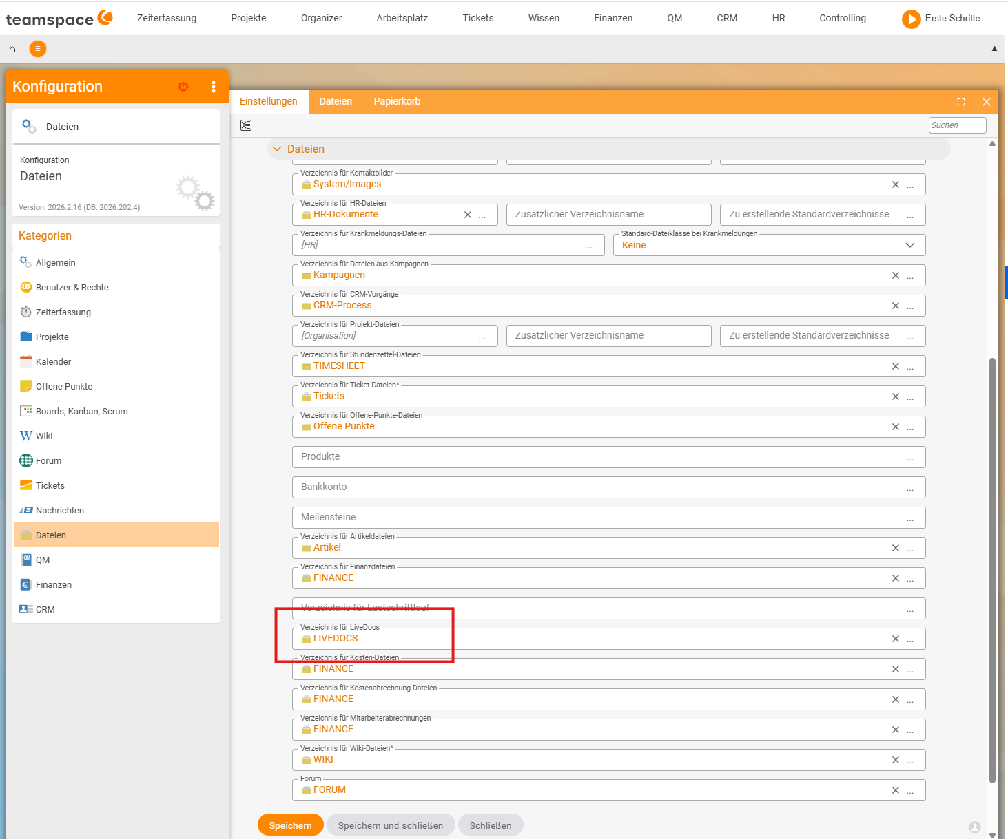 Configuration → Files → Settings: list of directory settings, with the "Directory for LiveDocs" highlighted and set to the value LIVEDOCS