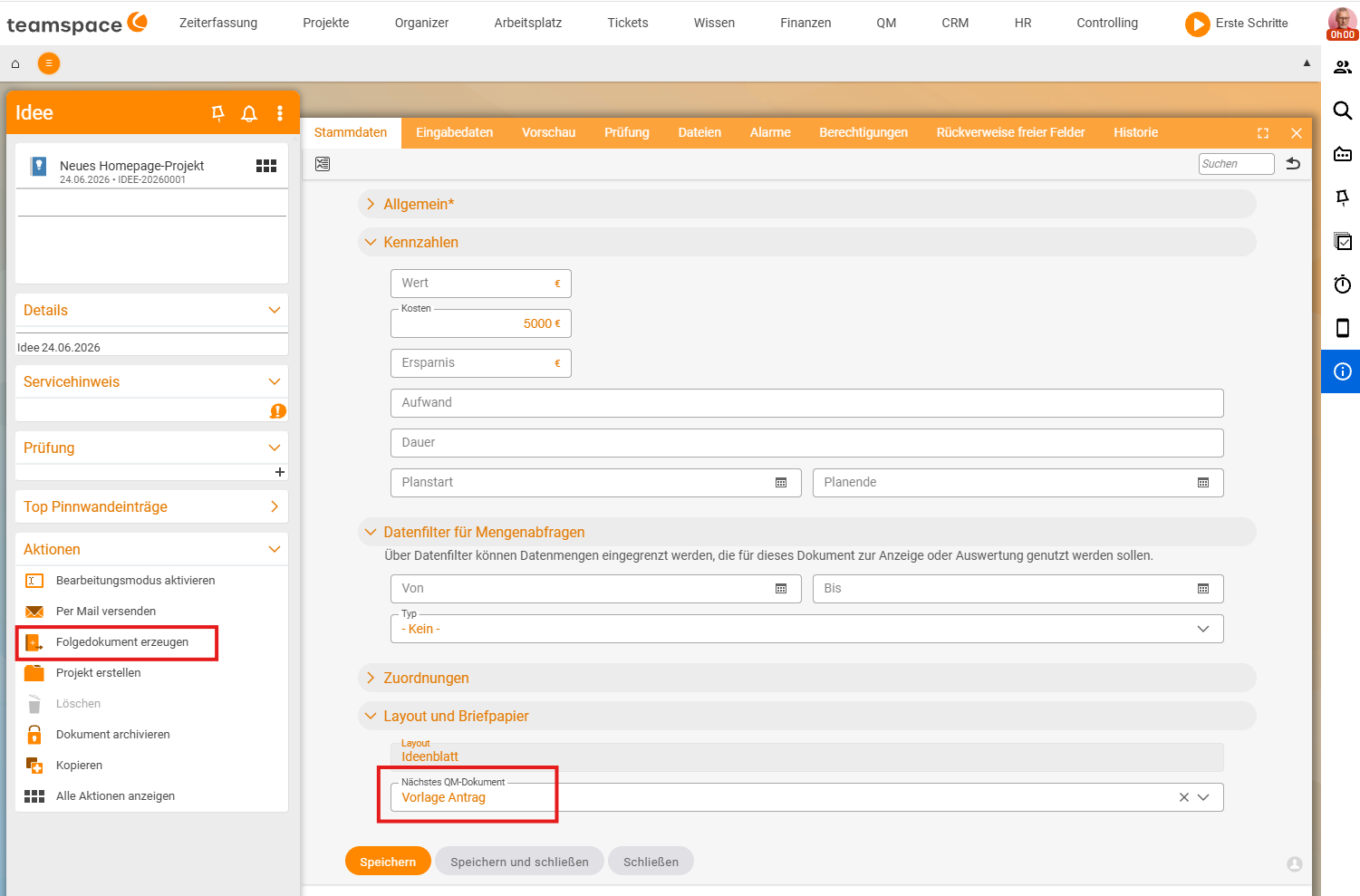 Detail manager of an idea "New homepage project" (IDEE-20260001), Master data tab; in the actions sidebar "Create follow-up document" is highlighted, under "Layout and letterhead" it reads "Next QM document: Proposal template"