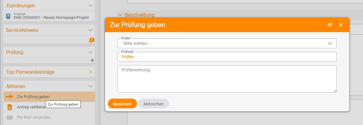 The 'Submit for review' dialog with the fields Reviewer (Please choose), Review (Review) and Review instruction; in the Actions sidebar, 'Submit for review' is highlighted
