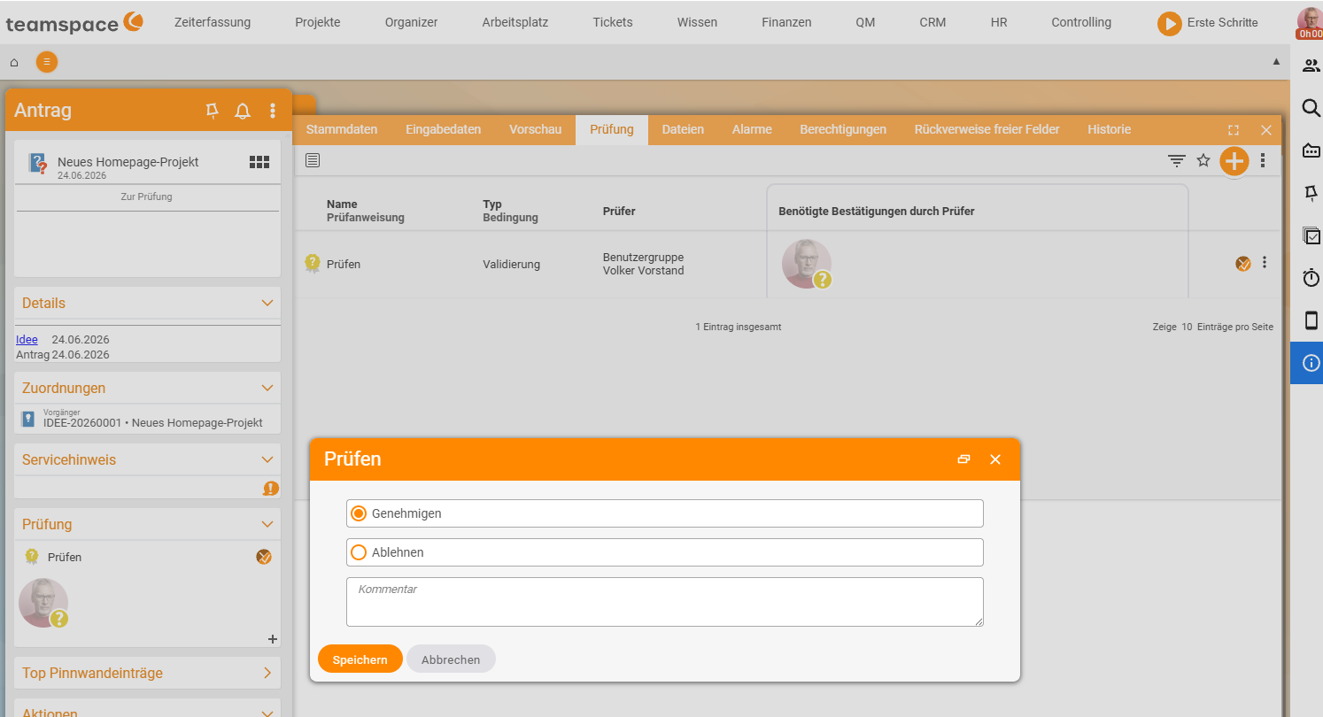 Request 'New homepage project', 'Review' tab with the entry 'Review' (type Approval, reviewer Volker Vorstand); the opened 'Review' dialog with the options Approve, Reject and a comment field