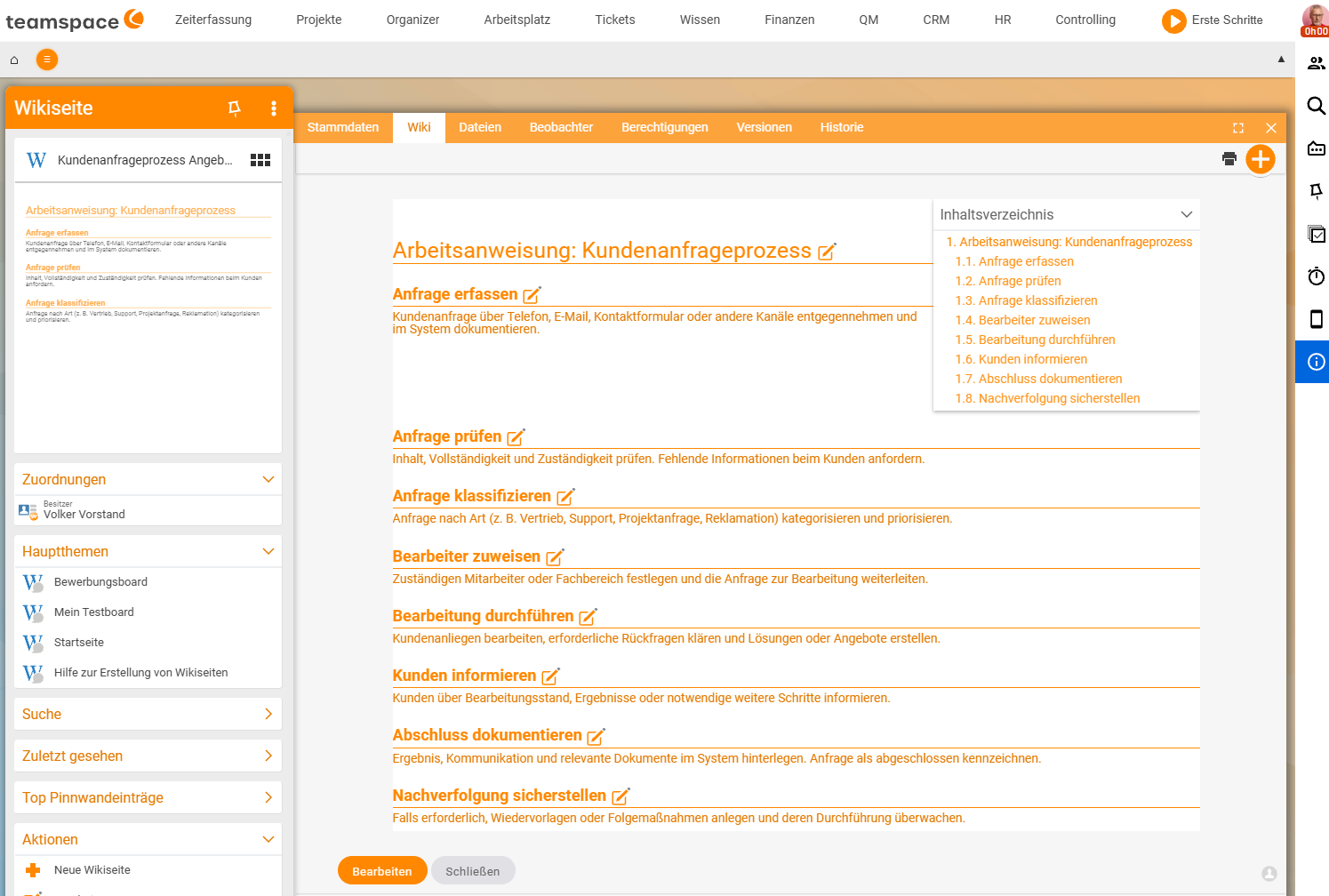 Wiki page 'Work instruction: customer enquiry process' with numbered process steps (record enquiry, review, classify, assign handler, carry out processing, inform customer, document completion, follow-up) and a table of contents on the right
