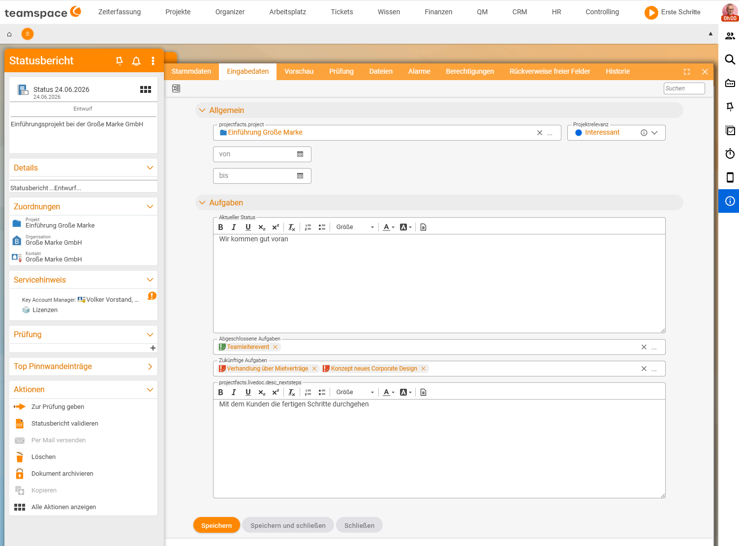 Status report 'New homepage project', 'Input data' tab: fields for Current status, Completed tasks (team leader event) and Future tasks with embedded elements 'Negotiation of tenancy agreements' and 'Concept new corporate design' as link chips
