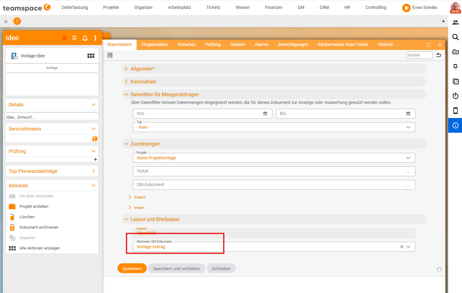 Master data of a QM template "Idea template", section "Layout and letterhead": field "Next QM document" with the entry "Proposal template" – the next stage in the lifecycle