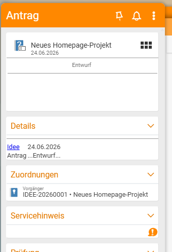 Sidebar of the new proposal "New homepage project" (status Draft): under Assignments the "Predecessor IDEE-20260001 • New homepage project" – the link back to the idea