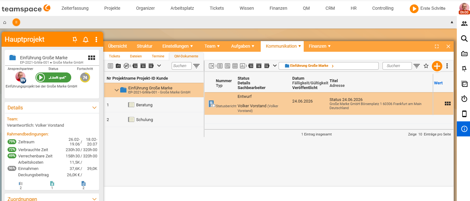 Project 'Launch of Big Brand', 'Communication' tab → 'QM documents' sub-tab: list with the status report (status Draft, Volker Vorstand, 24/06/2026)