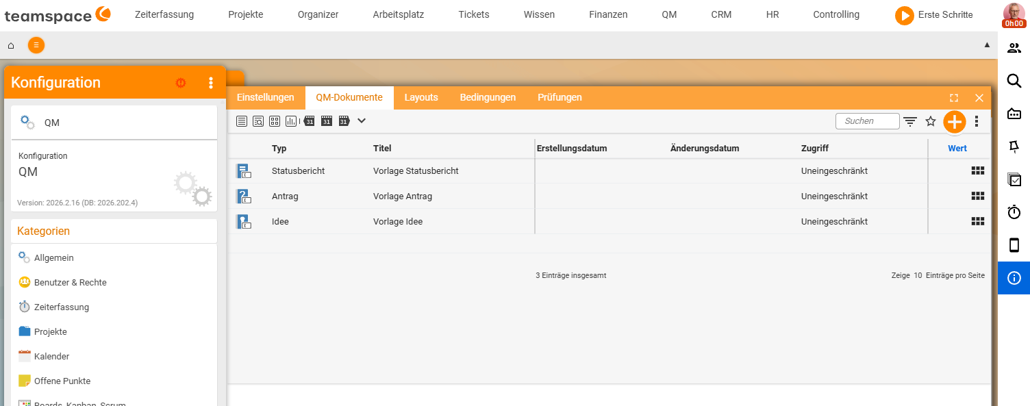 Configuration → QM, tab 'QM documents': list of QM templates with the types Status report, Proposal and Idea (Status report/Proposal/Idea template), columns Type, Title, creation/modification date and Access (Unrestricted)