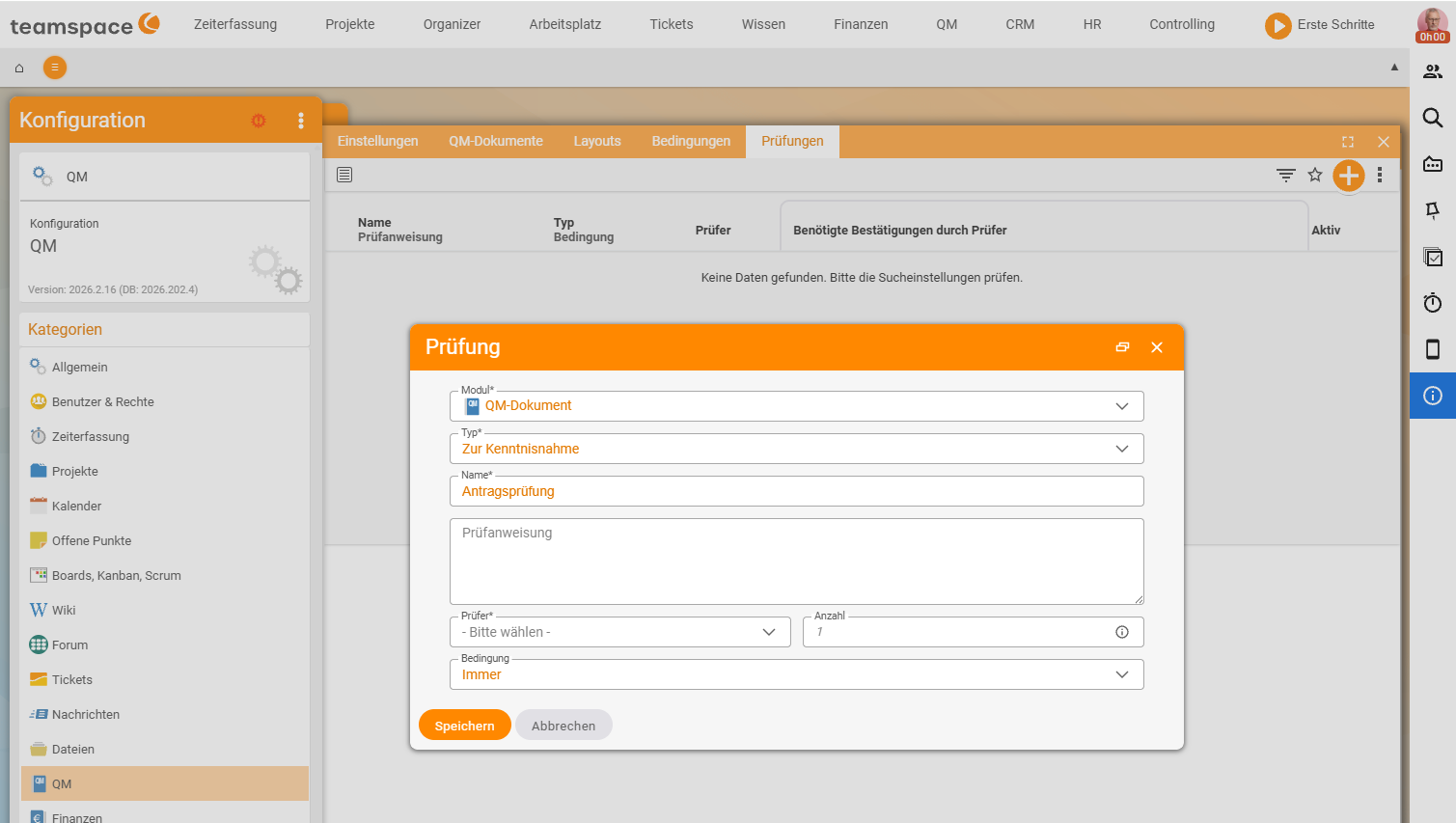 Configuration → QM, tab 'Reviews': open dialog 'Review' with the fields Module (QM document), Type (For acknowledgement), Name (Proposal review), Review instruction, Reviewer, Count (1) and Condition (Always)