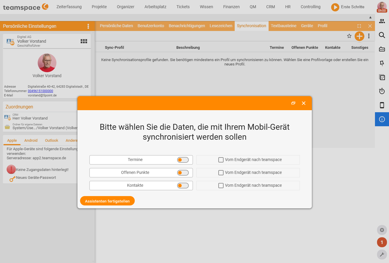 Wizard for creating a sync profile: 'Please choose the data to synchronise with your mobile device' with the toggles Appointments, Open items and Contacts, the checkbox 'From device to teamspace' and the Finish wizard button.
