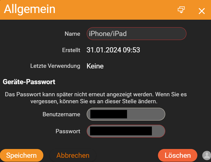 Window with the username and password of the new device password