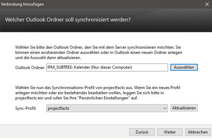 Choosing the Outlook folder and the synchronisation profile