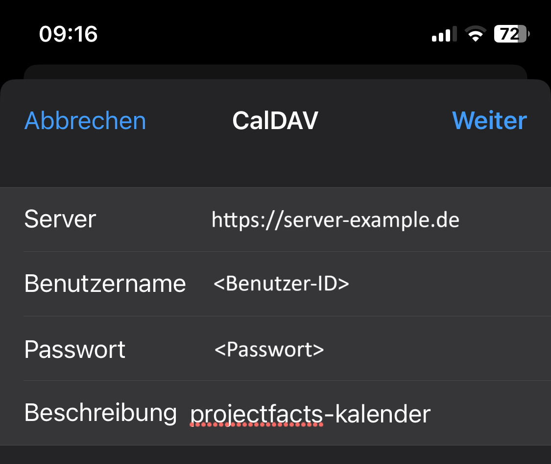 Entering server, username and description