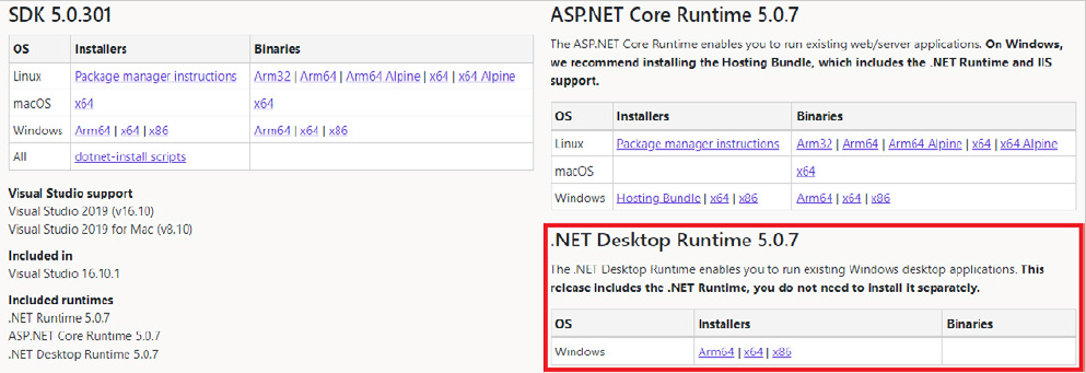Download of the .NET 5.0 Desktop Runtime (x64)