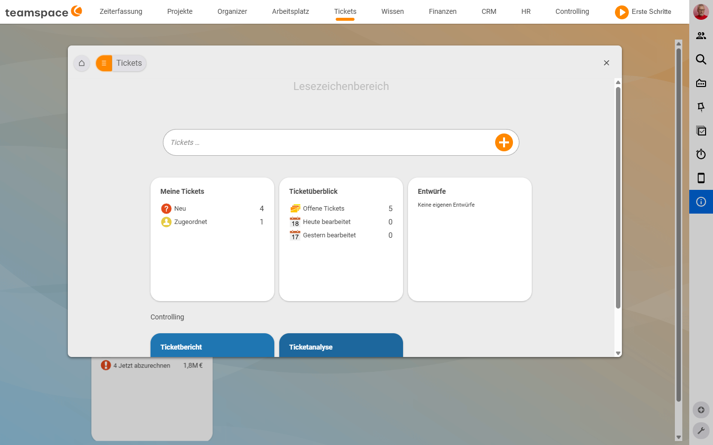 Tickets module home page with the tiles My tickets, Ticket overview and Drafts including live counters