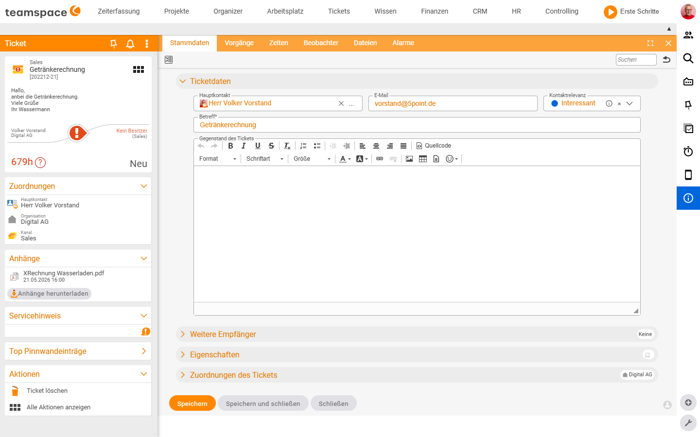 Ticket detail manager with the tab row Master data, Activities, Times, Watchers, Files, Alarms and a left sidebar