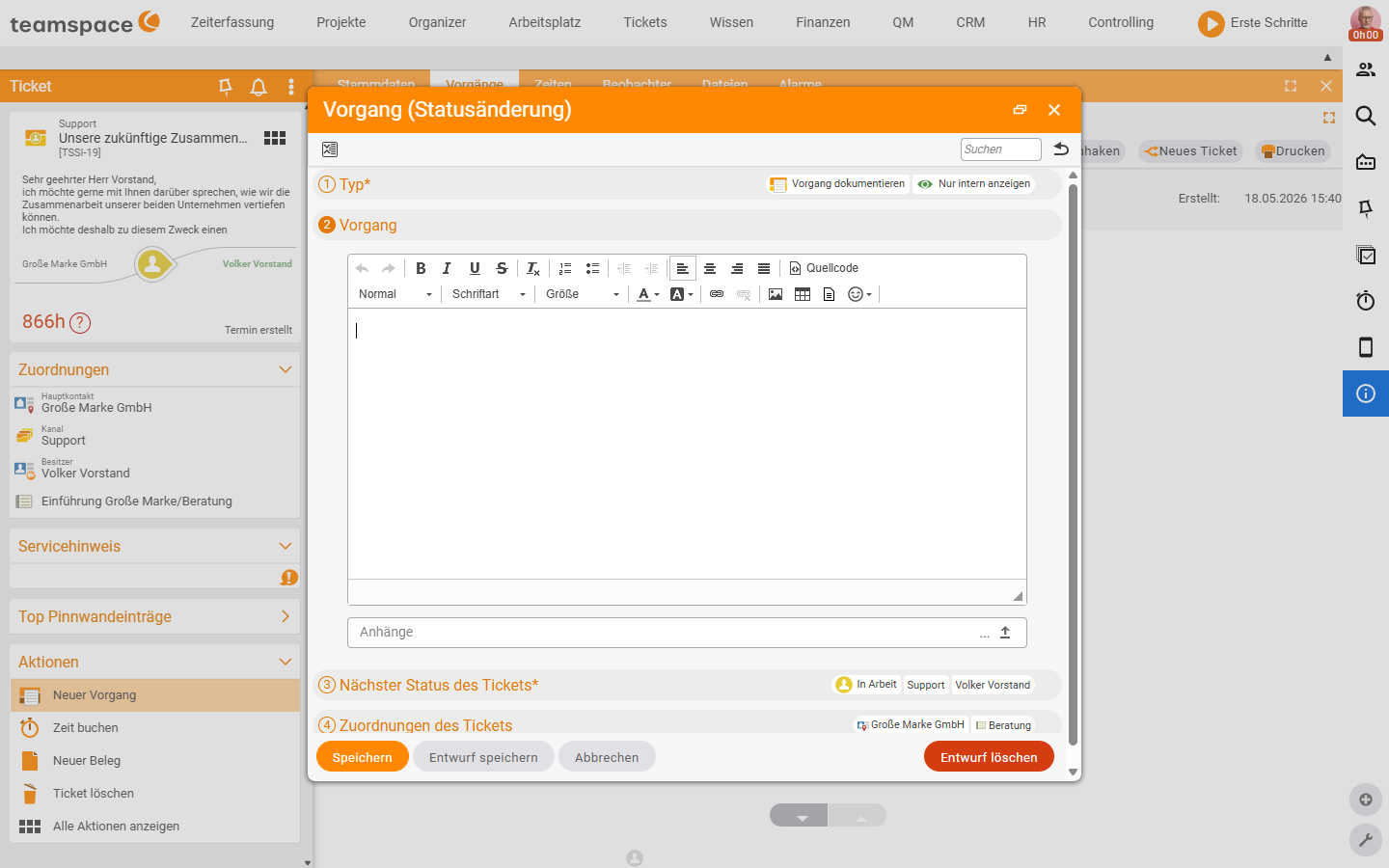 Activity dialog 'Activity (status change)' with the sections Type, Activity (HTML editor + attachments), Next status of the ticket and Assignments of the ticket.