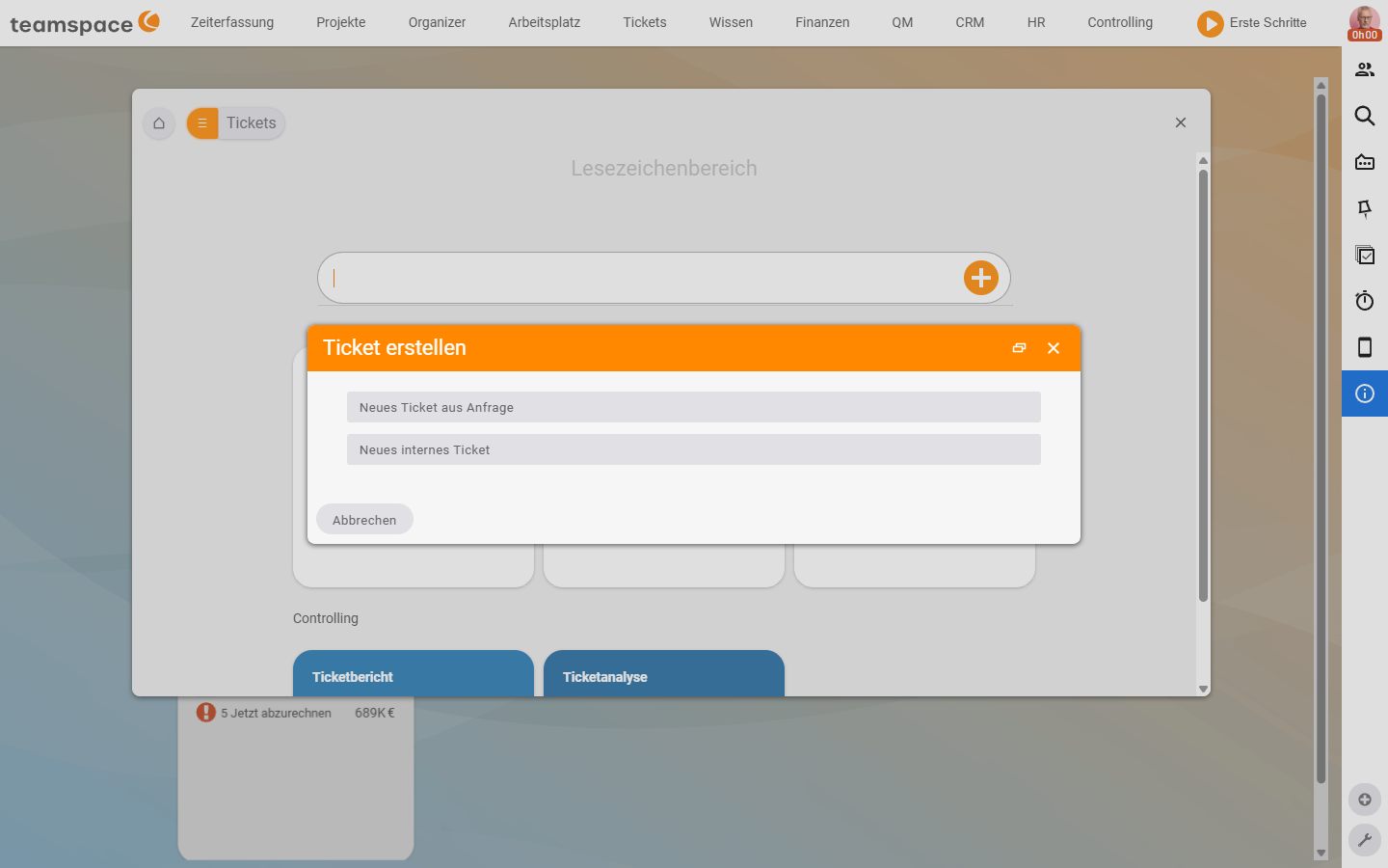 Plus dialog 'Create ticket' on the Tickets module home page with the options 'New ticket from enquiry' and 'New internal ticket'.