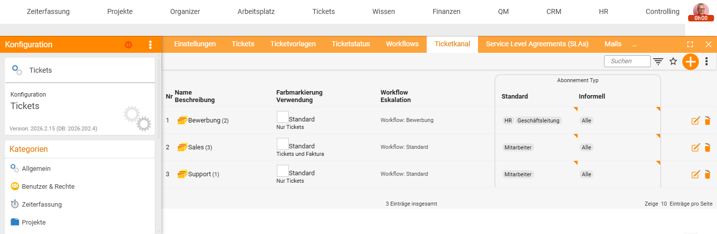 Configuration channel list (Tickets → Ticket channel) with the channels Recruitment, Sales, Support and the column 'Subscription type' with the sub-columns 'Standard' and 'Informal'.
