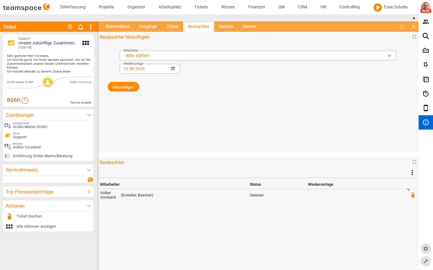 Watchers tab with the section 'Add watcher' (Employee + Follow-up + Add) and the list with the auto-entry 'Volker Vorstand (Creator, Owner)'.