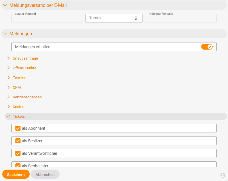 Personal settings, Notifications tab: the 'Messages' section with the active switch 'Receive messages' and the expanded 'Tickets' area with the checkboxes 'as subscriber', 'as owner', 'as responsible person' and 'as watcher'