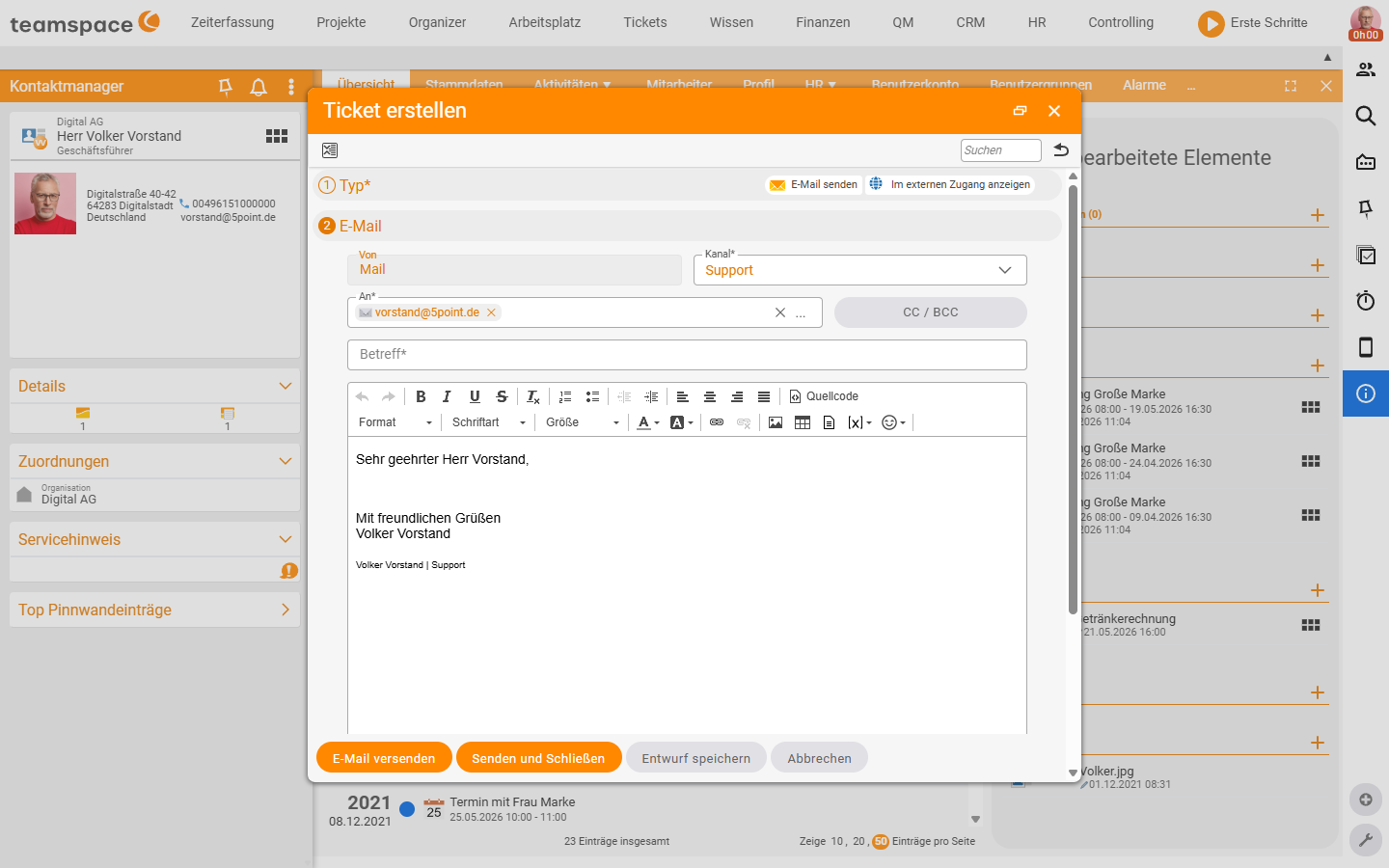 Email dispatch dialog 'Create ticket' with the Type section (Send email / Show in external access) and the fields From, Channel, To/CC/BCC, Subject and HTML content.