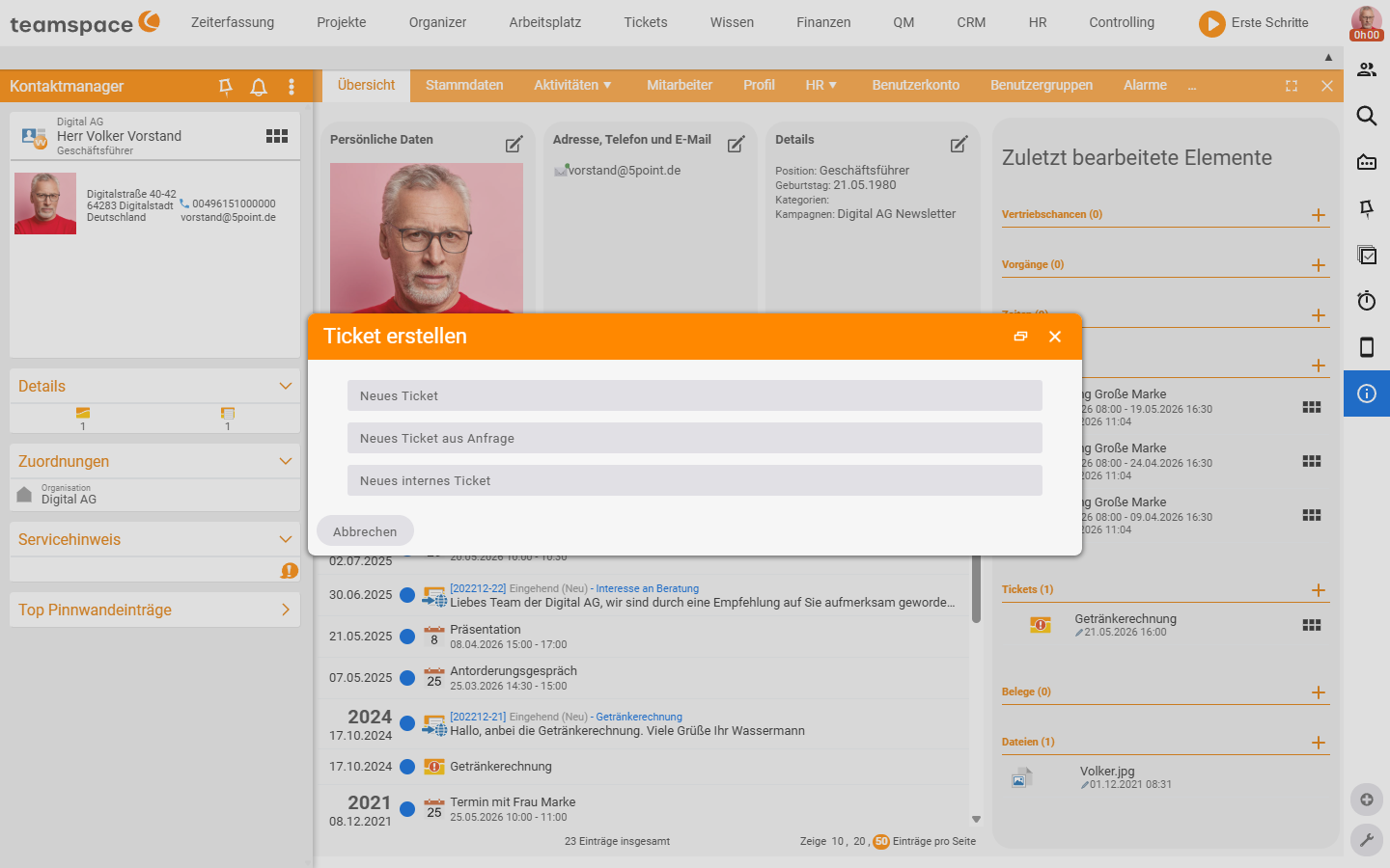 CRM contact overview (Recently edited elements, Tickets) with the open plus menu 'Create ticket': New ticket, New ticket from enquiry, New internal ticket.