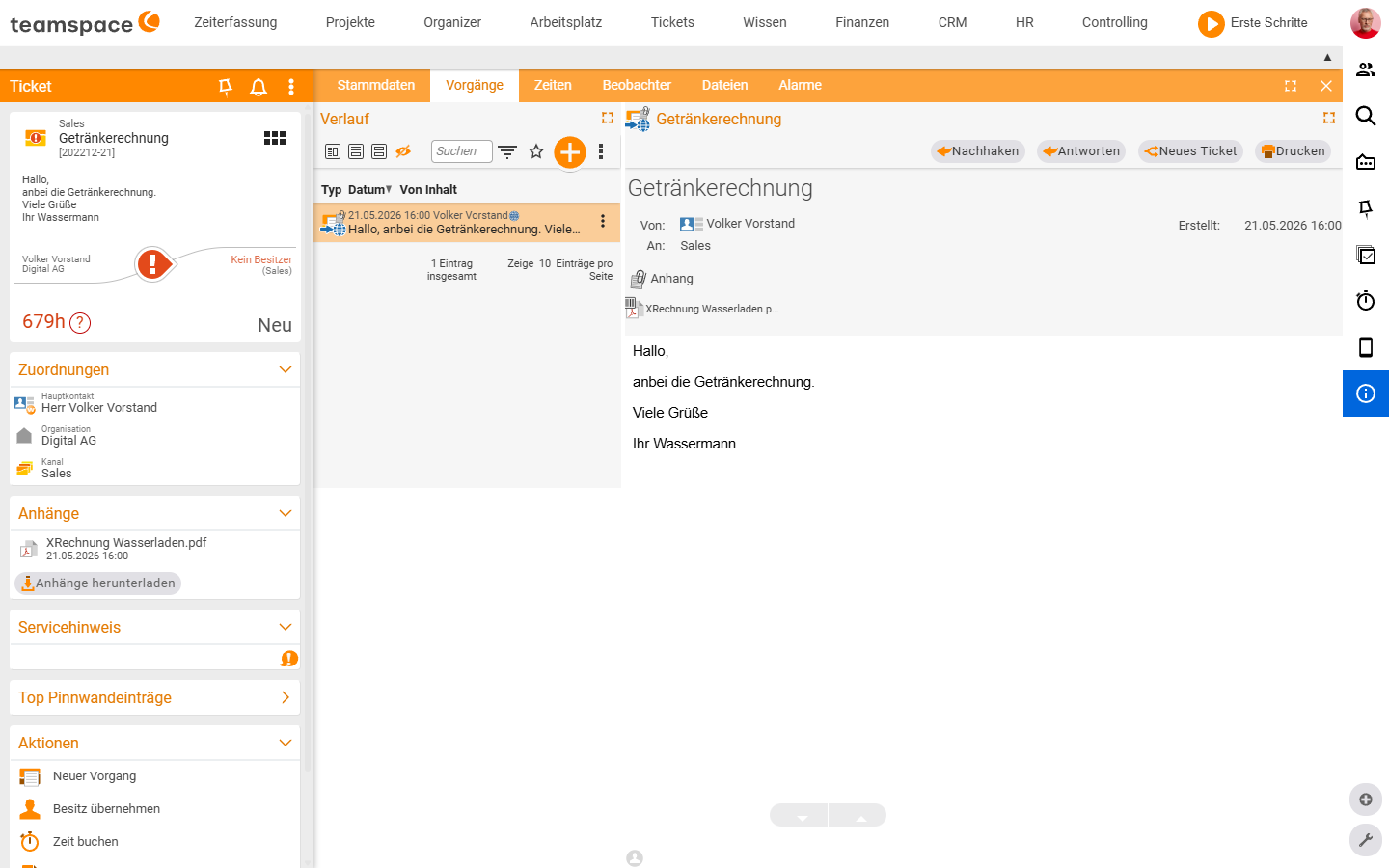 Activities tab with the history list on the left and the activity detail on the right, including the actions Follow up, Reply, New ticket, Print