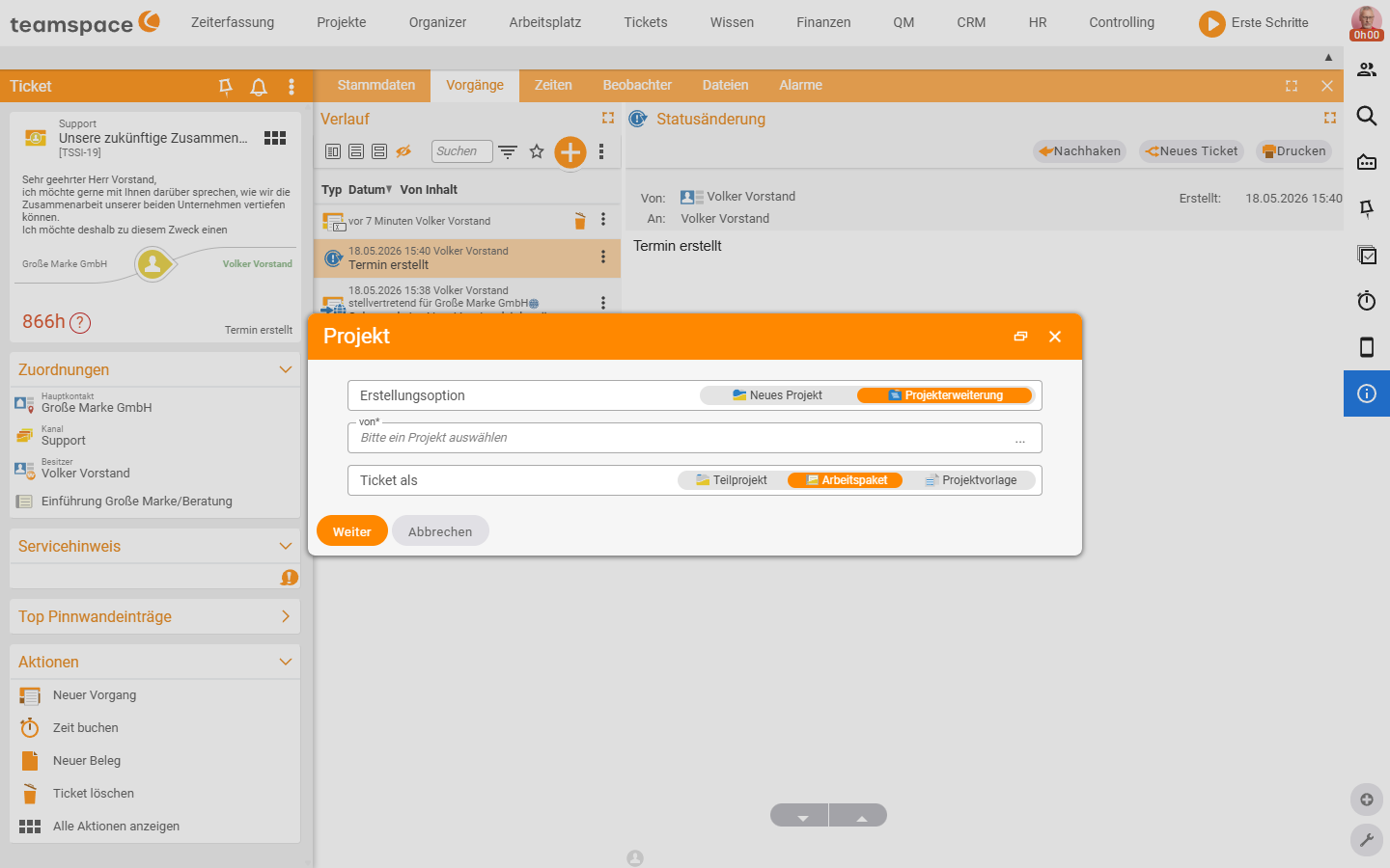Dialog 'Project' (Create ticket project) with the creation option New project / Project extension, the field 'from' and the choice 'Ticket as' Subproject / Work package / Project template.