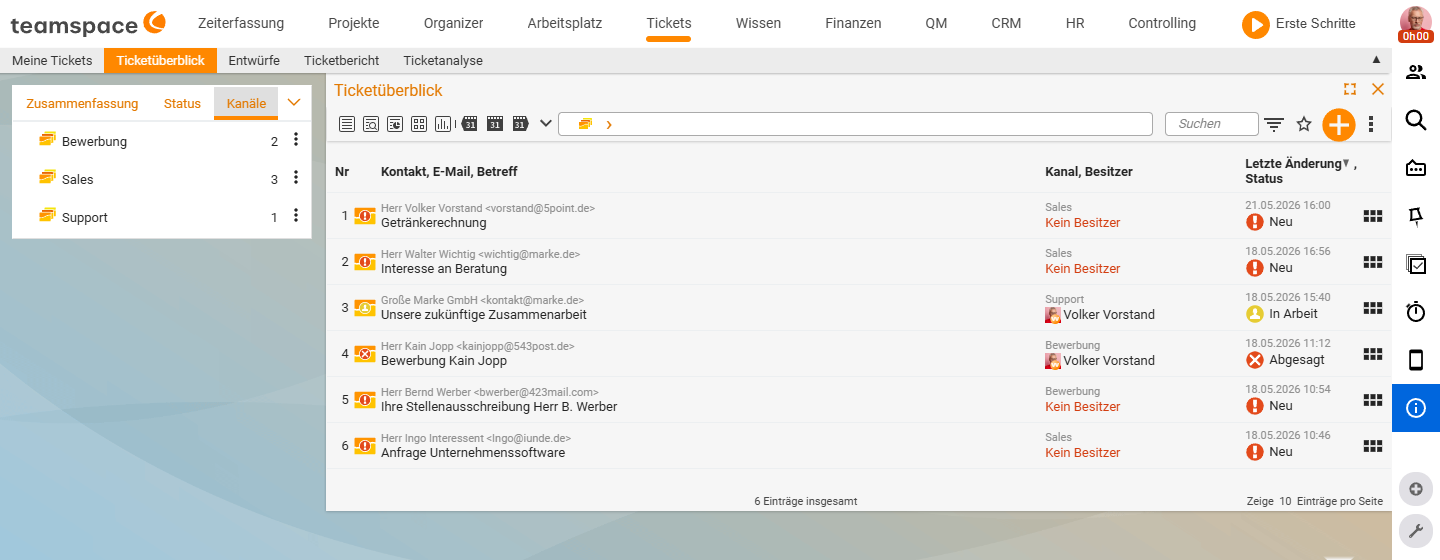 Ticket overview with the ticket rows (Contact, email, subject, channel, owner, status) and the expanded sidebar tab 'Channels' (Recruitment, Sales, Support with count).
