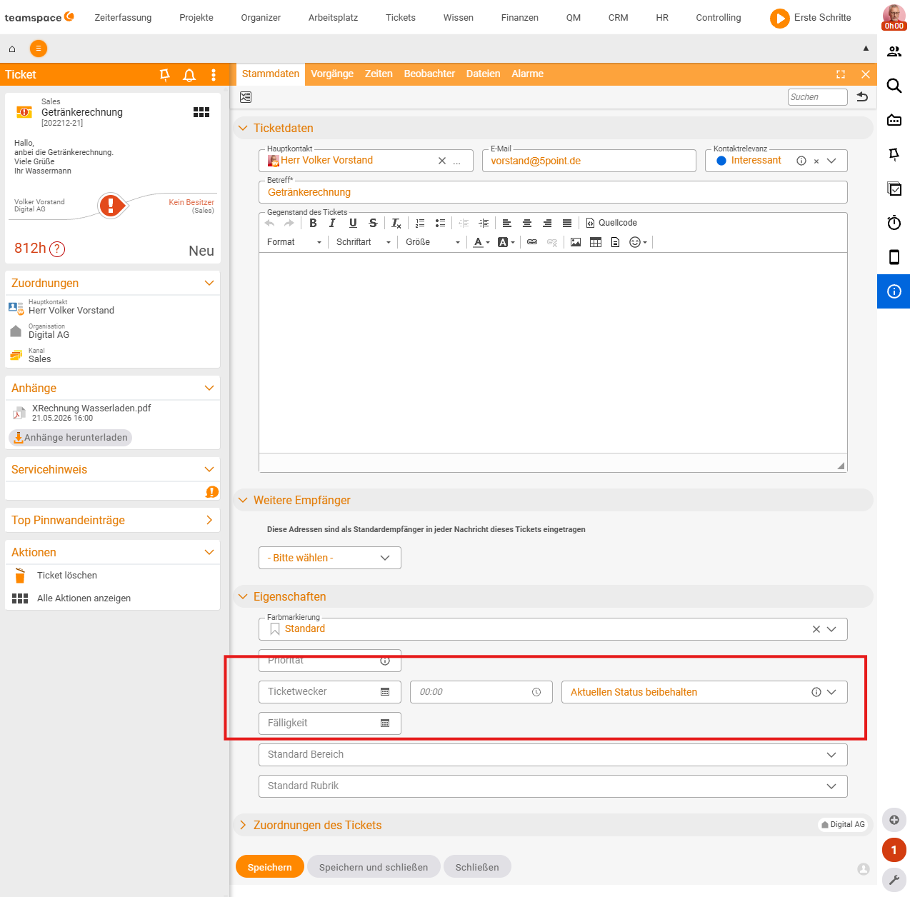 Ticket in the 'Master data' tab, 'Properties' section: the 'Ticket reminder' field with a date field, time (00:00) and the status choice 'Keep current status', below it the Due date field