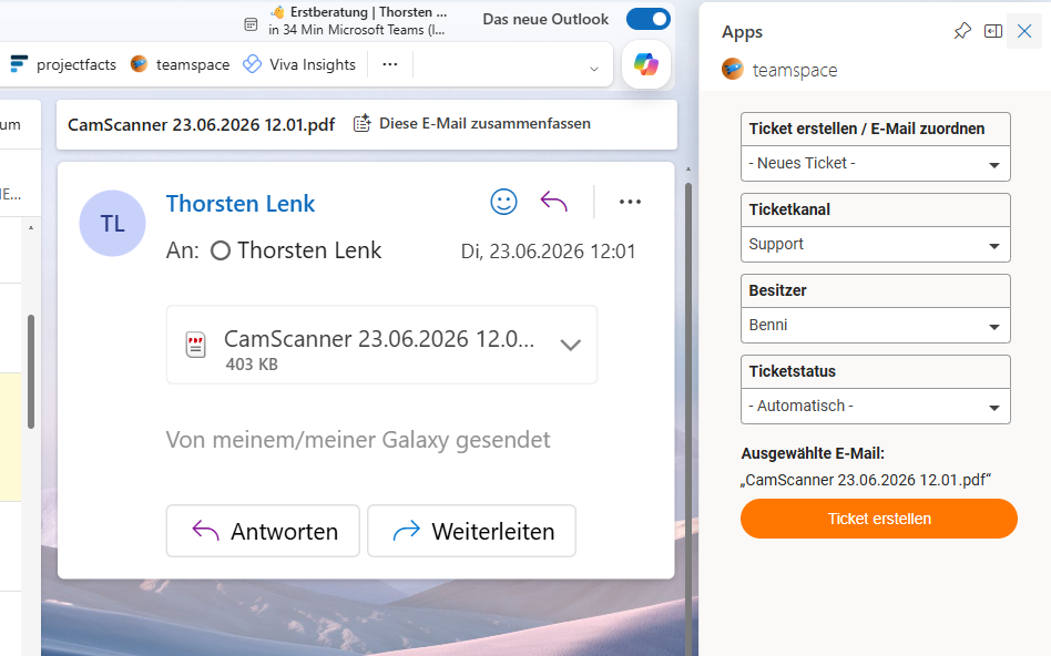 New Outlook with a selected email and the teamspace add-in open in the Apps panel: choice 'Create ticket / match email' (New ticket), ticket channel Support, owner Benni, ticket status Automatic, selected email and the 'Create ticket' button
