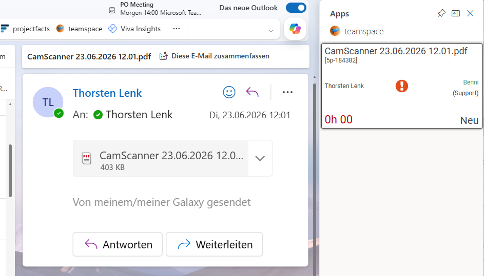Preview card of the teamspace add-in on an Outlook email after ticket creation: subject 'CamScanner 23.06.2026 12.01.pdf', ticket ID 5p-184382, contact Thorsten Lenk, owner Benni, channel Support, elapsed time 0h 00 and status New