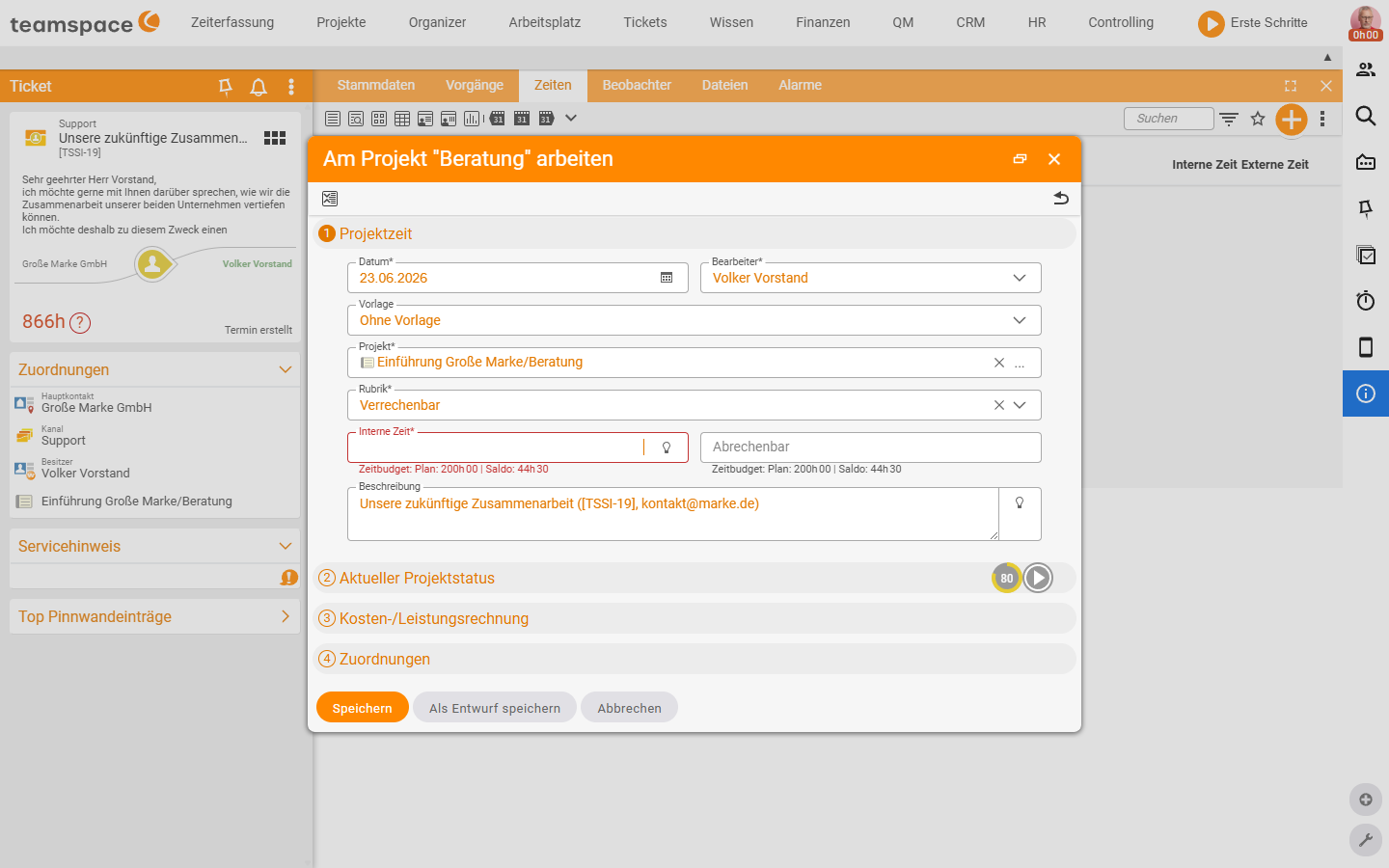 Time entry from the ticket: dialog 'Work on project' with Project, category Billable, field Internal time (stopwatch icon) and the pre-filled description including ticket number.