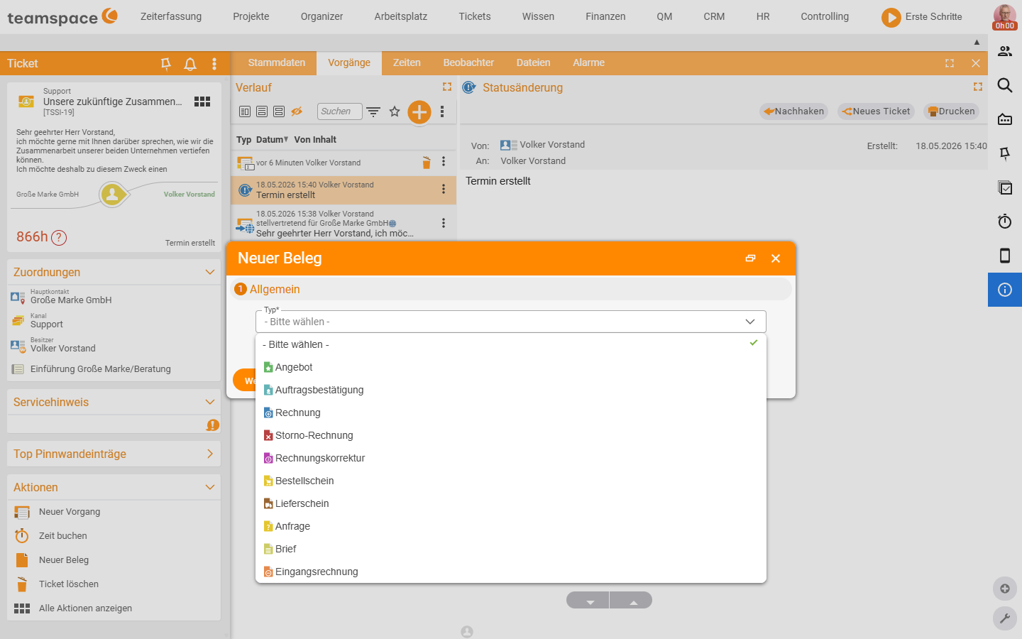 Dialog 'New document' from the ticket with the open document-type selection: Quote, Order confirmation, Invoice, Cancellation invoice, Invoice correction, Purchase order, Delivery note, Enquiry, Letter, Incoming invoice.