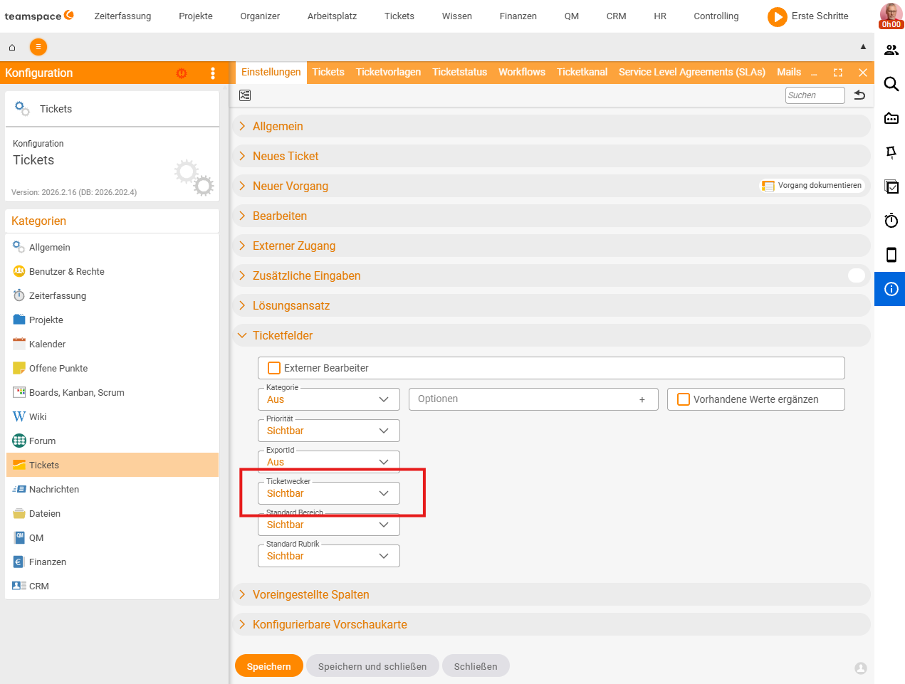 Configuration → Tickets → Settings, expanded 'Ticket fields' section: the 'Ticket reminder' field is set to 'Visible' (alongside further fields such as Category, Priority, ExportId)