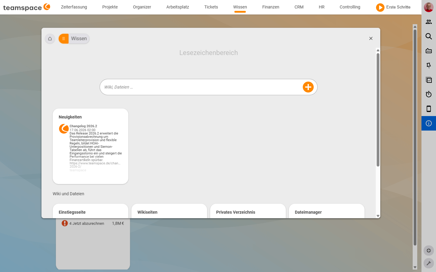 The Knowledge module with the tabs Landing page, Wiki pages, Private directory and File manager