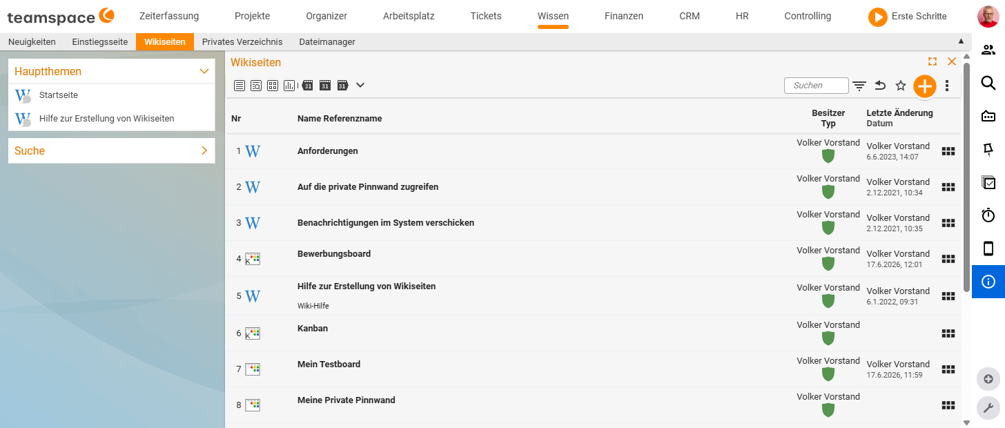 The Wiki pages list with a table (No., Name/Reference name, Owner/Type, Last change) and a toolbar