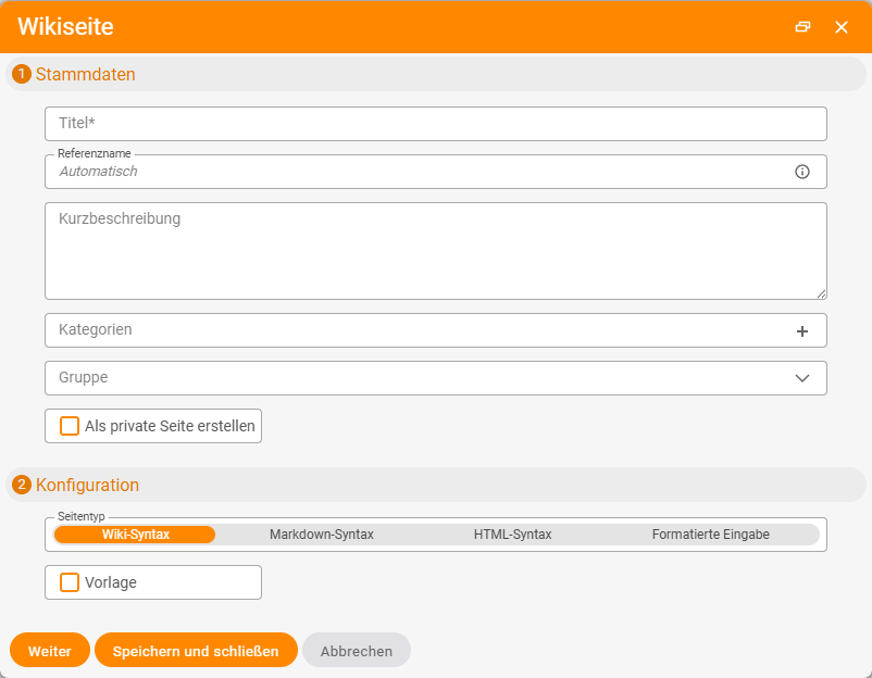 The Wiki page creation dialog: step 1 Master data with Title, Reference name (Automatic), Short description, Categories, Group and the Create as a private page checkbox; step 2 Configuration with page type (Wiki/Markdown/HTML syntax, Formatted input) and the Template checkbox.