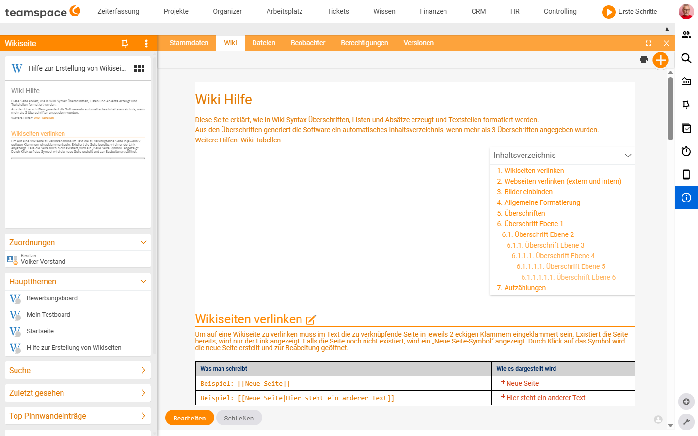 The wiki detail manager, Wiki tab in display mode with the left sidebar (accordion boxes) and the formatted page with table of contents on the right