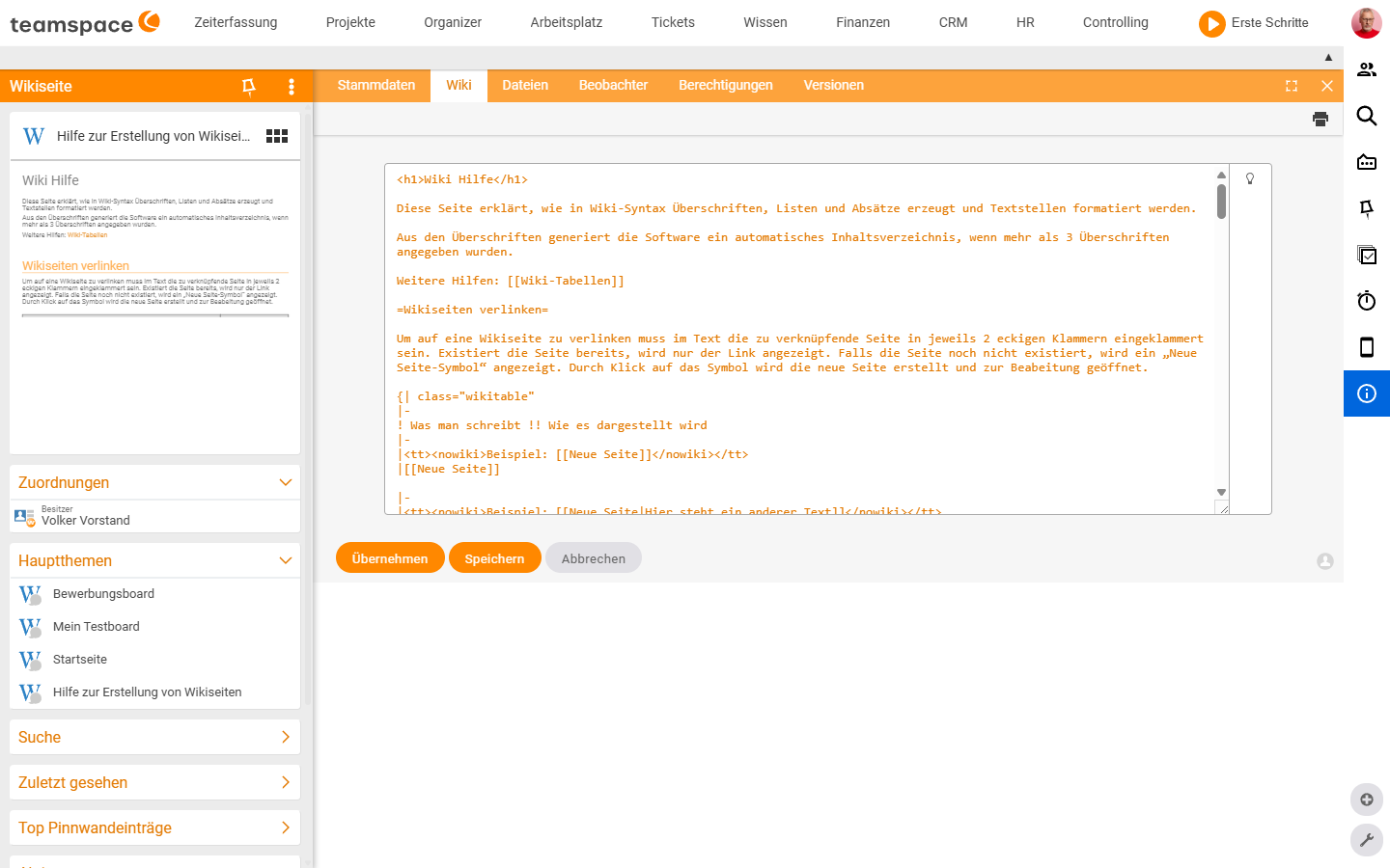 The wiki editor in edit mode with a text area full of wiki-syntax source, a lamp icon in the top right and Apply/Save/Cancel buttons