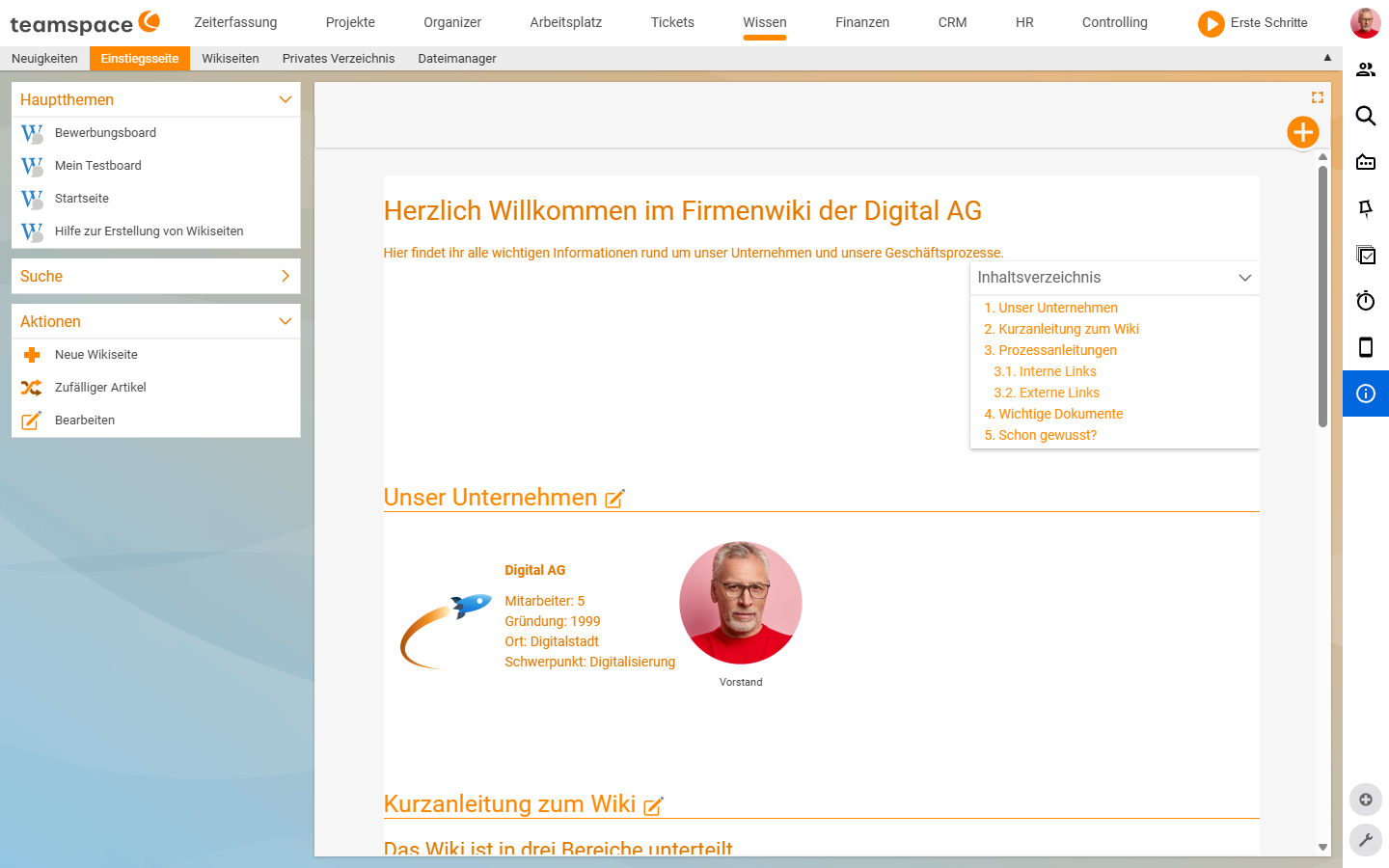 The Landing page tab – a formatted wiki page with the left sidebar (Main topics, Search, Actions) and a floating table of contents